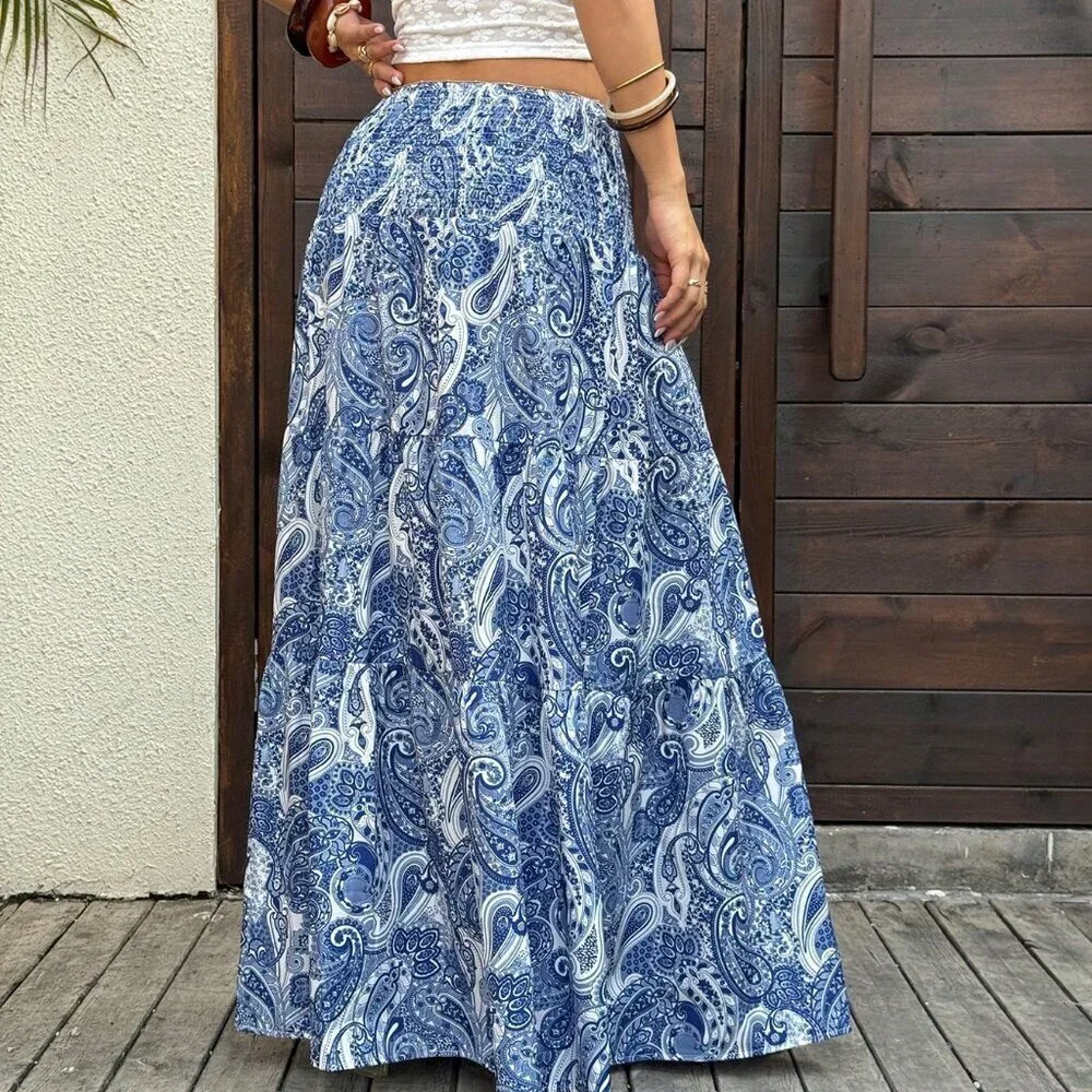 Blue Boho Women's Casual paisley Printed A-Line Long maxi Skirt